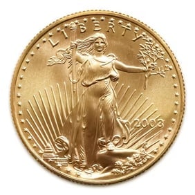 2003 American Gold Eagle 1/2 oz Uncirculated: 2003 American Gold Eagle 1/2 oz ($25 Face Value), struck by the esteemed United States Mint and backed by the U.S. government for weight and purity. Minted in durable 22-karat crown gold (.9167 fine),