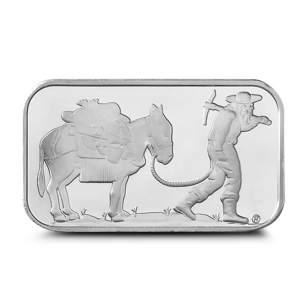 1 oz SilverTowne Retro Prospector Silver Bar (New): Inspired by classic silver bullion designs, this 1 oz .999 fine silver bar showcases a nostalgic prospector motif. Produced by SilverTowne, it blends vintage charm with modern minting quality. An exce