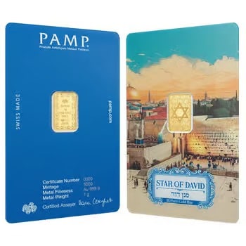1 Gram PAMP Suisse Star of David Gold Bar .9999 Fine (in Assay): This 1 Gram PAMP Suisse Star of David Gold Bar contains 1 gram of .9999 fine gold and features the symbolic Star of David design. Produced by PAMP Suisse and sealed in assay packaging, it offers both 