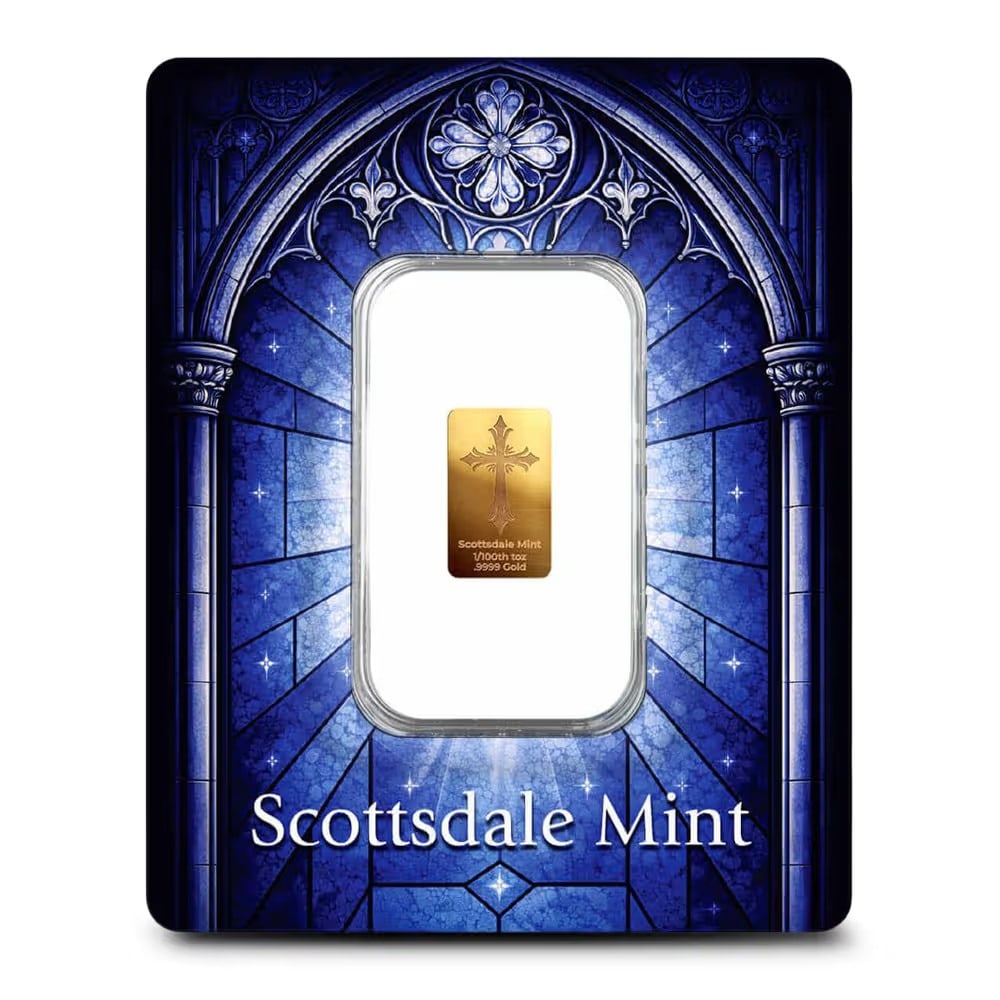 1/100 oz Scottsdale Mint Cross Gold Bar (New): The Scottsdale Mint Cross Gold Bar contains 1/100 Troy Ounce of .9999 fine gold and features a distinctive cross-shaped design. Its compact size and detailed craftsmanship make it a unique collectible