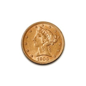 $5 Gold Liberty 1900 XF: The 1900 $5 Gold Liberty coin is a distinguished example of the Liberty Head Half Eagle series (1839 - 1908), minted at Philadelphia, Denver, and San Francisco. Designed by Christian Gobrecht, it