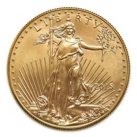 2015 American Gold Eagle 1/10 oz Uncirculated: 2015 American Gold Eagle 1/10 oz Uncirculated: Brilliant uncirculated 1/10 oz gold coin featuring Lady Liberty on the obverse and two nesting bald eagles on the reverse, fully backed by the U.S. Mint 