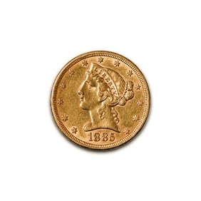 $5 Gold Liberty 1885 XF: The 1885 $5 Gold Liberty coin is a distinguished piece of late 19th-century American coinage, exemplifying the artistry, craftsmanship, and historical significance of the Liberty Head Half Eagle serie