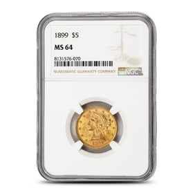 1899 Pre-33 $5 Liberty Gold Half Eagle Coin MS64 (PCGS or NGC): Certified MS64 by PCGS or NGC, this 1899 Liberty Head Half Eagle offers impressive preservation and eye appeal. Its combination of gold content and collector demand makes it a standout Pre-33 gold iss