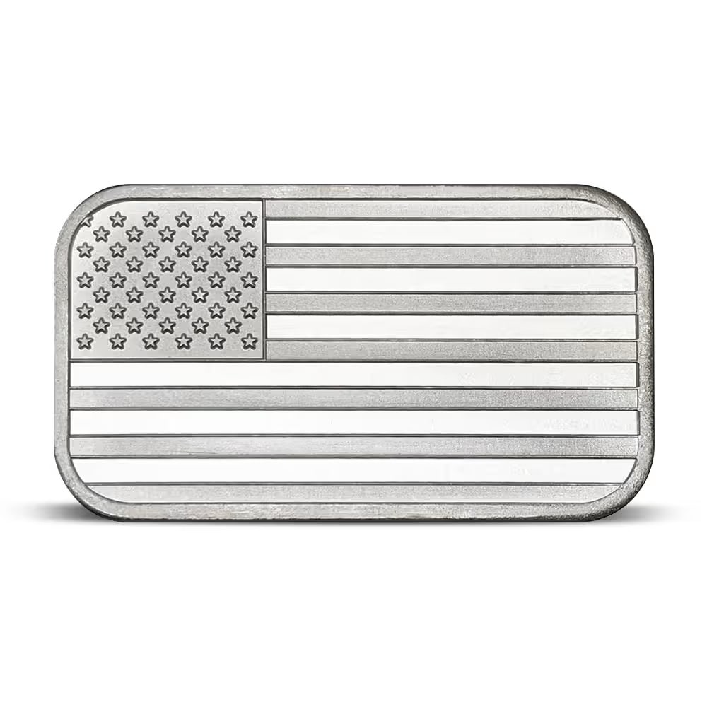 1 oz SilverTowne American Flag Silver Bar (New): This patriotic 1 oz .999 fine silver bar features a beautifully detailed American Flag design. Produced by SilverTowne, it combines national pride with investment-grade silver content. A striking addi