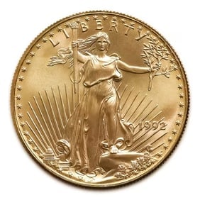 1992 American Gold Eagle 1/2 oz Uncirculated: 1992 American Gold Eagle 1/2 oz ($25 Face Value), struck by the esteemed United States Mint and backed by the U.S. government for weight and purity. Minted in durable 22-karat crown gold (.9167 fine),