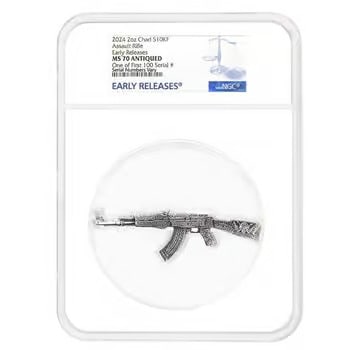 2024 Chad 2 oz Silver Assault Rifle Antiqued Coin NGC MS 70 ER One of First: The NGC-graded MS 70 Early Releases 2024 Chad 2 oz Silver Antiqued Assault Rifle Coin is a flawless .999 fine silver collectible and the third entry in the prestigious "Weapons of War" series. This sp