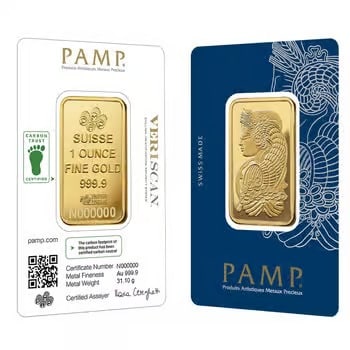 1 oz Gold Bar PAMP Suisse Lady Fortuna Veriscan Carbon Neutral: This 1 oz PAMP Suisse Lady Fortuna Gold Bar is struck from .9999 fine gold and features the iconic Lady Fortuna design. It includes Veriscan® technology for digital authentication and security. Produ