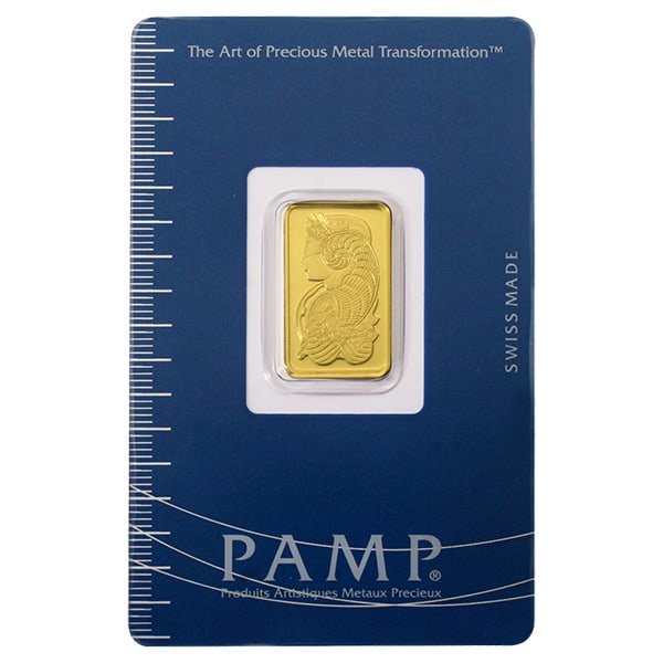 PAMP Suisse 5 Gram Gold Bar: PAMP Suisse 5 Gram Gold Bar - Lady Fortuna Design - crafted from .9999 fine gold by PAMP Suisse, featuring the iconic Lady Fortuna motif symbolizing luck and prosperity.