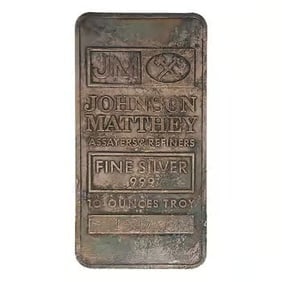 10 oz Johnson Matthey Silver Bar (3 Full Logos Reverse): This 10 oz Johnson Matthey Silver Bar features the distinctive 3 full logos reverse design. Struck in .999 fine silver, it represents a sought-after vintage style. Produced by Johnson Matthey, it hold