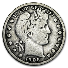 Barber Half Dollar Very Fine 1906: The Barber Half Dollar 1906 in Very Fine condition shows strong detail across Liberty’s portrait and the reverse eagle. Struck in 90% silver, this early 20th-century classic offers solid collector a