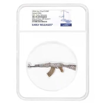 2024 Chad 2 oz Silver Assault Rifle Gilded NGC MS 70 ER One of First 100: 2024 Chad 2 oz Silver Assault Rifle - Gilded, NGC MS70 ER (First 100) - Ultra-limited Weapons of War Series release struck in 2 oz .999 silver with high relief, antiqued finish, and partial gold gildi
