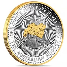 2026 1oz Silver Australian Nugget 40th Anniv: This 2026 1 oz Silver Australian Nugget 40th Anniversary Proof Gilded Coin contains 1 troy ounce of .9999 fine silver and celebrates the iconic Australian Nugget series. Featuring a proof finish with 
