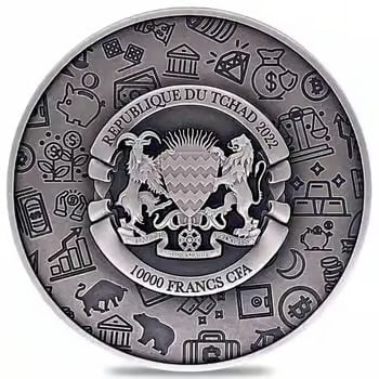 2022 Chad 2 oz Silver Inflation Protection Antiqued High Relief Coin .999 Fine (w/Box): This creative 2 oz .999 fine silver coin symbolizes economic uncertainty and inflation protection through bold high relief artwork. The antiqued finish enhances the detailed design and modern financia