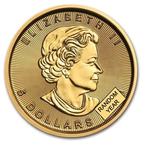 Canada 1/10 oz Gold Maple Leaf (Random Year): Canada 1/10 oz Gold Maple Leaf (Random Year), struck in 1/10 troy ounce of .9999 fine gold, offers the iconic Maple Leaf design in an affordable, fractional size. Individual coins come sealed in mint 