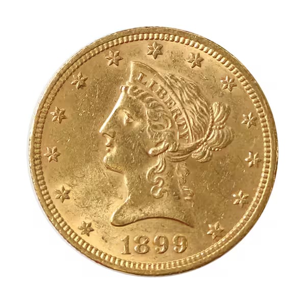 $10 Gold Liberty 1899 AU: The 1899 $10 Gold Liberty, part of the famed Eagle series, is an iconic artifact of late 19th-century American coinage. Struck during a period of economic growth and industrial expansion, this coin ex