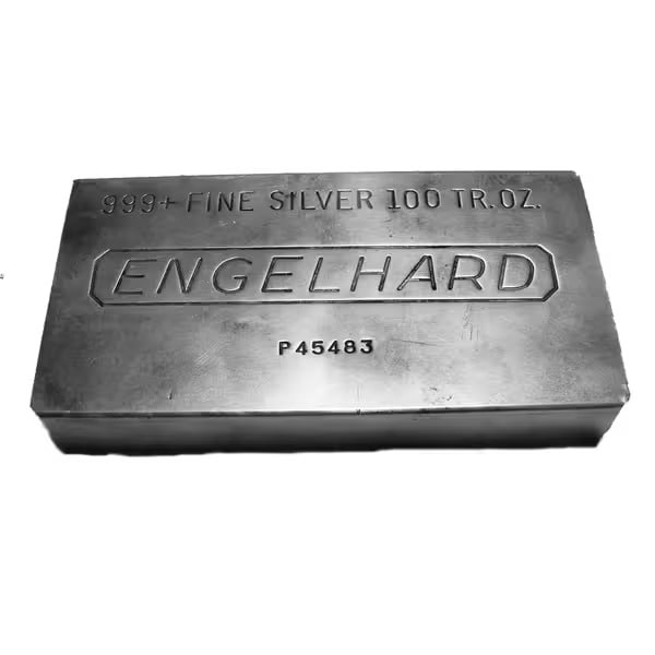 Engelhard Silver Bar 100 oz: This 100 oz Engelhard Silver Bar is composed of .999 fine silver and features the refinery’s hallmark along with stamped weight and purity. Known for its strong secondary market recognition, the bar