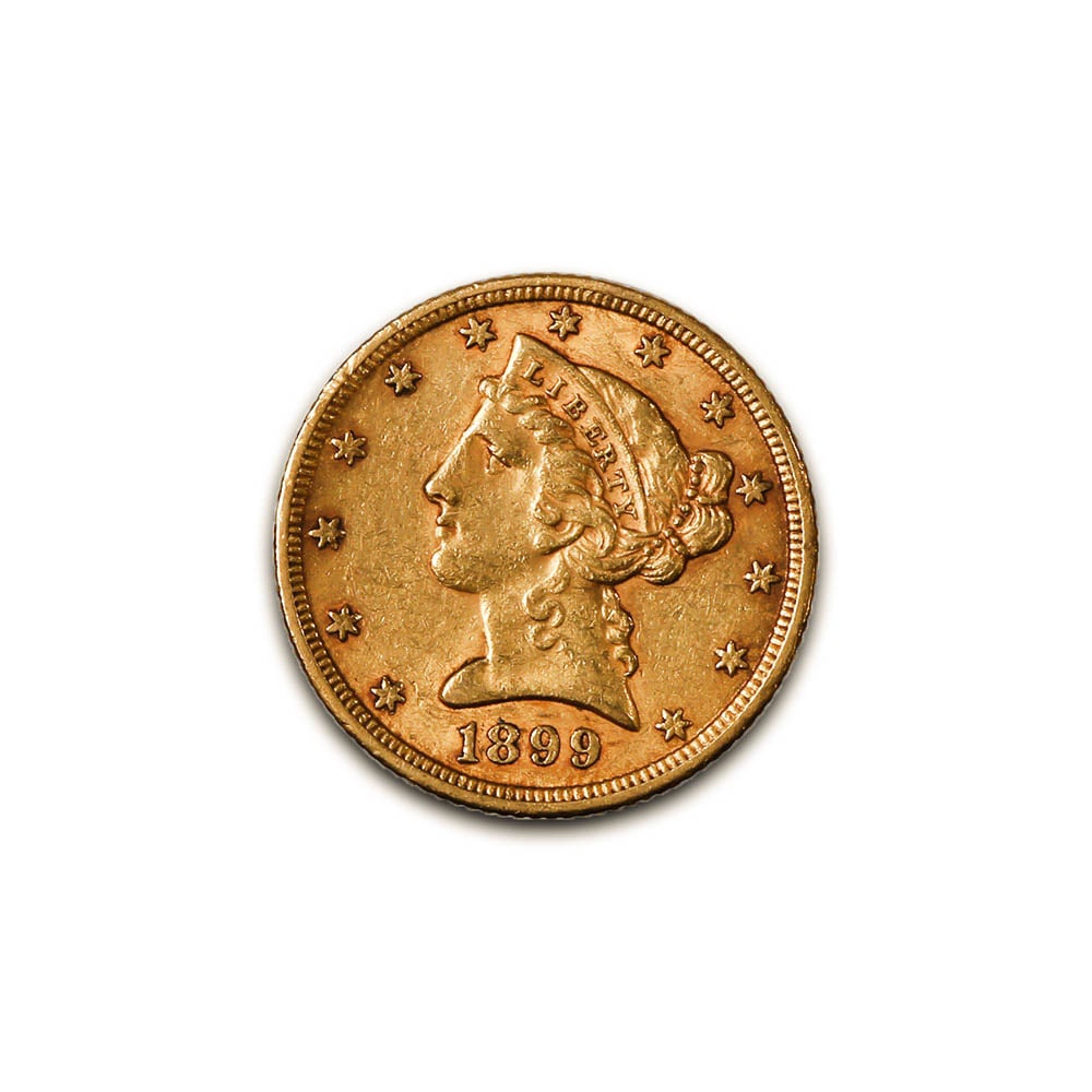 $5 Gold Liberty 1899 XF: The 1899 $5 Gold Liberty coin is a distinguished example of the Liberty Head Half Eagle series, minted from 1839 to 1908. Designed by Christian Gobrecht, the coin exemplifies late 19th-century America