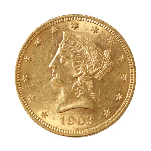 $10 Gold Liberty 1903 AU: The 1903 $10 Gold Liberty, part of the esteemed Eagle series, is a distinguished artifact of early 20th-century American coinage. Struck during a period of economic growth and industrial expansion, th