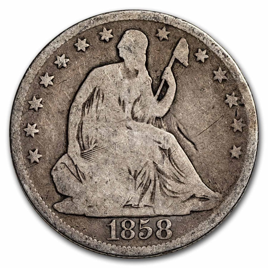 Seated Liberty Half Dollar Very Good 1858-O: The 1858-O Seated Liberty Half Dollar in Very Good condition showcases sharper devices and classic Southern mint heritage in 90% silver.