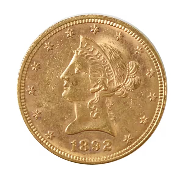 $10 Gold Liberty 1892 AU: The 1892 $10 Gold Liberty, known as the "Eagle," is a distinguished example of late 19th-century American coinage. Struck during a period of robust economic growth, it reflects both the intricate arti
