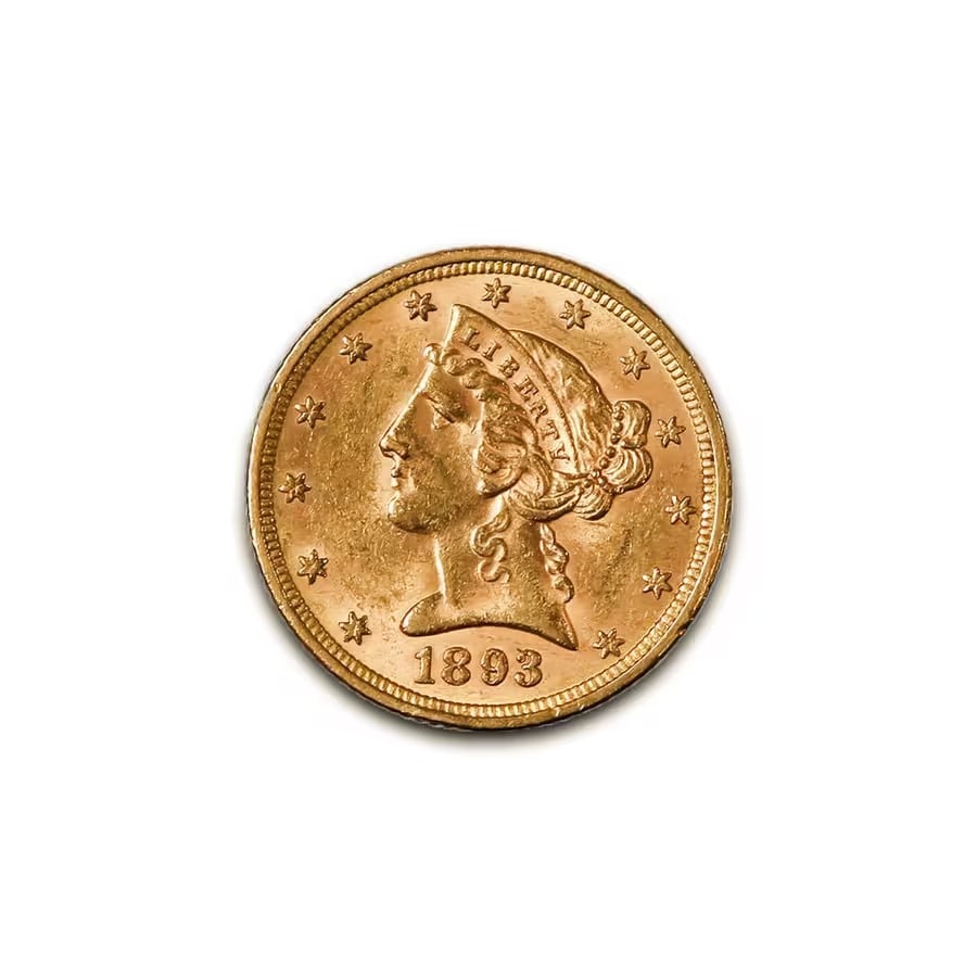 $5 Gold Liberty 1893 XF: The 1893 $5 Gold Liberty coin is a distinguished example of the Liberty Head Half Eagle series, reflecting the artistry, craftsmanship, and historical significance of late 19th-century American coinag