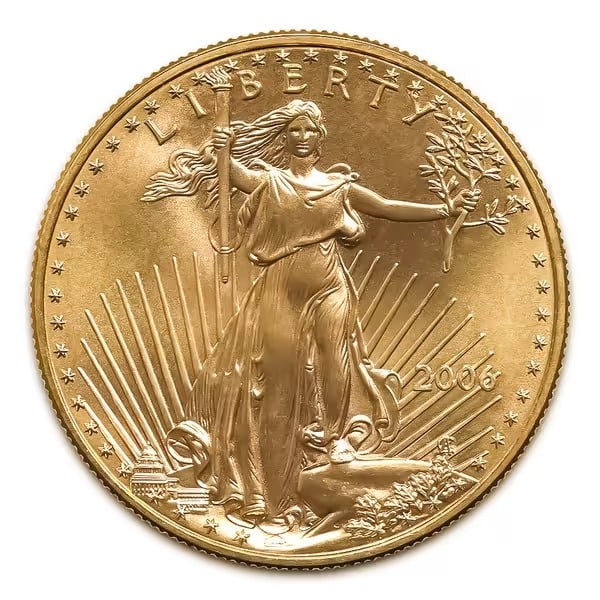 2006 American Gold Eagle 1/10 oz Uncirculated: 2006 American Gold Eagle 1/10 oz Uncirculated - Brilliant Uncirculated, 22-karat gold coin featuring Saint-Gaudens’ Lady Liberty and two nesting bald eagles, U.S. government-backed with $5 face valu