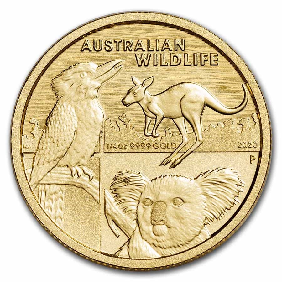 2020 Australia 1/4 Gold Australian Wildlife BU: The 2020 Australia 1/4 oz Gold Australian Wildlife BU is a beautifully crafted bullion coin struck by the renowned Perth Mint from .9999 fine (24K) gold, containing 1/4 troy ounce of pure gold. This s