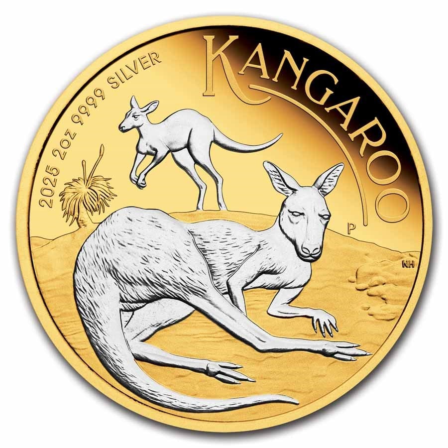 2025 Australia 2 oz Silver Kangaroo Proof (Reverse Gilded): 2025 Australia 2 oz Silver Kangaroo Reverse Gilded Proof Coin - 2 oz .9999 silver proof with 24k reverse gilding, boxed with numbered COA by the Perth Mint.