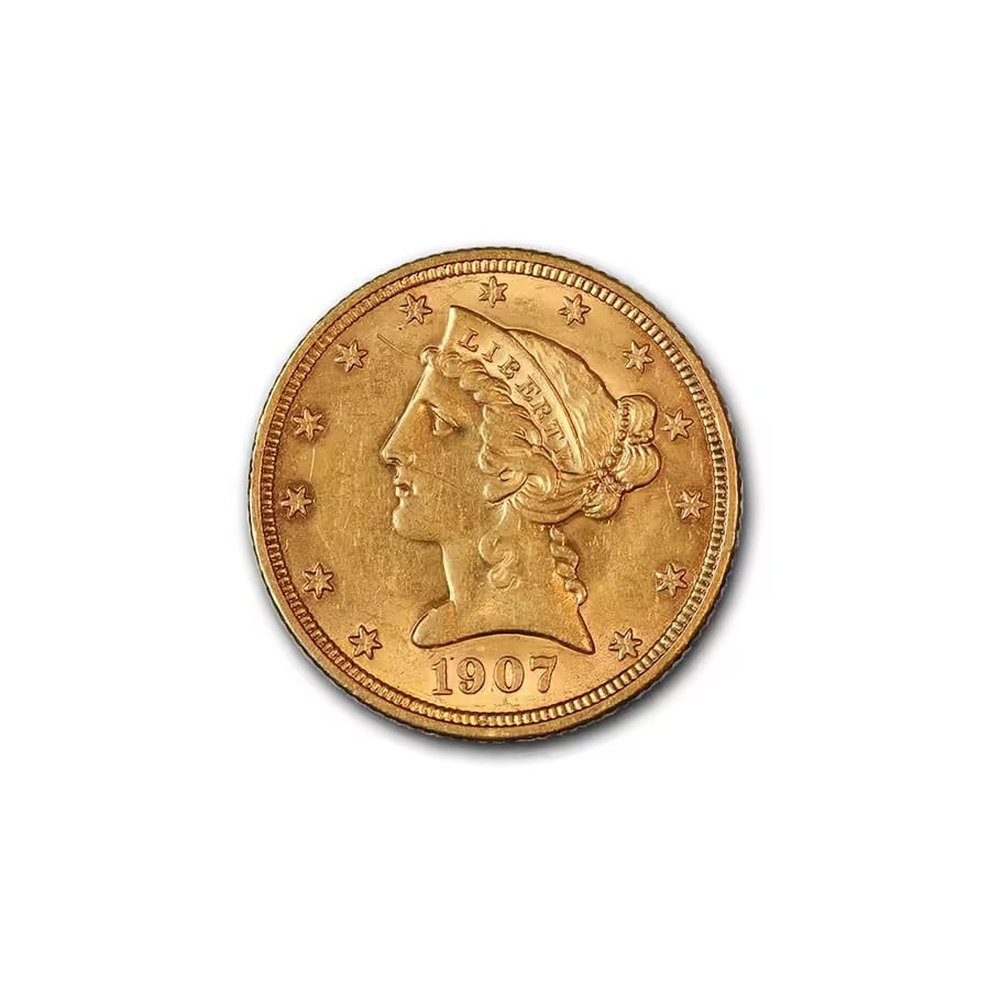 $5 Gold Liberty 1907-D XF: The $5 Gold Liberty 1907-D is a remarkable piece of American numismatic history, now preserved in Brilliant Uncirculated (BU) condition. Struck in .900 fine gold at the newly established Denver Mint, 