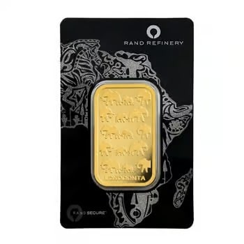 1 oz Rand Refinery Gold Bar .9999 Fine (Africa Assay): The 1 oz Rand Refinery Gold Bar is produced by one of the world’s most historic gold refiners in South Africa. Struck from .9999 fine gold, it meets international bullion standards. The bar comes se