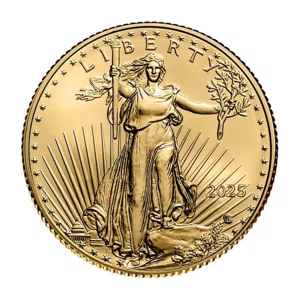 2025 American Gold Eagle 1/4 oz Uncirculated: 2025 American Gold Eagle 1/4 oz - Uncirculated: Brilliant uncirculated 22-karat gold coin featuring the iconic Saint-Gaudens Lady Liberty obverse and modern Type 2 bald eagle reverse. US Mint-guarante