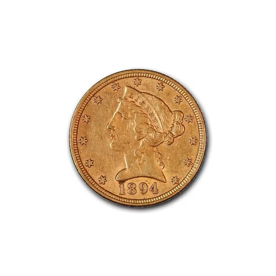 $5 Gold Liberty 1894 XF: The 1894 $5 Gold Liberty coin is a distinguished example of the Liberty Head Half Eagle series, capturing the artistry and historical context of late 19th-century American coinage. Struck during a per