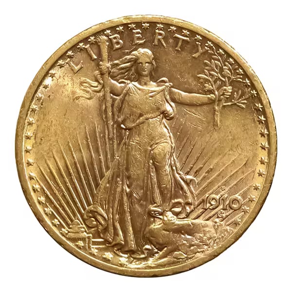 $20 Gold Saint Gaudens 1910-S AU: The Saint-Gaudens Double Eagle 1910-S in Almost Uncirculated condition retains strong original mint luster with light wear on the highest design points and sharp overall detail. Struck in .900 fine go