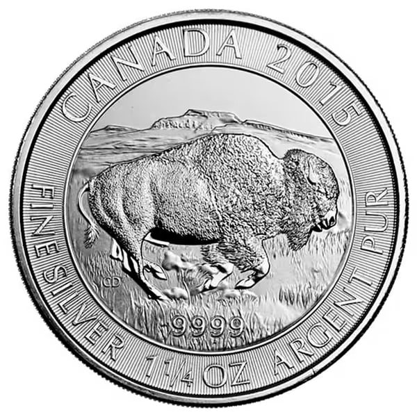 2015 Canadian Silver $8 Bison 1.25 Ounces: This 2015 Canadian $8 Silver Bison coin contains 1.25 troy ounces of .9999 fine silver and features a detailed image of a powerful bison on the reverse. Issued by the Royal Canadian Mint, this coin of