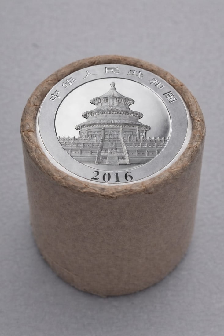 $10 2016 & 2017 End Chinese Silver Panda roll: This original Brilliant Uncirculated (BU) sealed roll contains 10 Chinese Silver Panda coins, each struck in 30 grams of .999 fine silver. The roll features a 2016 coin on one end and a 2017 coin on t