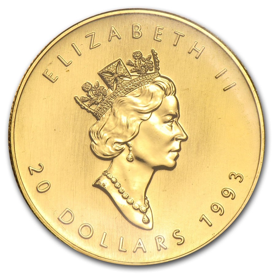 1993 Canada 1/2 oz Gold Maple Leaf BU: 1993 Canada 1/2 oz Gold Maple Leaf BU, struck in 1/2 troy ounce of .9999 fine gold, is a classic bullion coin renowned for its purity and iconic Canadian design. Each coin comes in protective plastic 