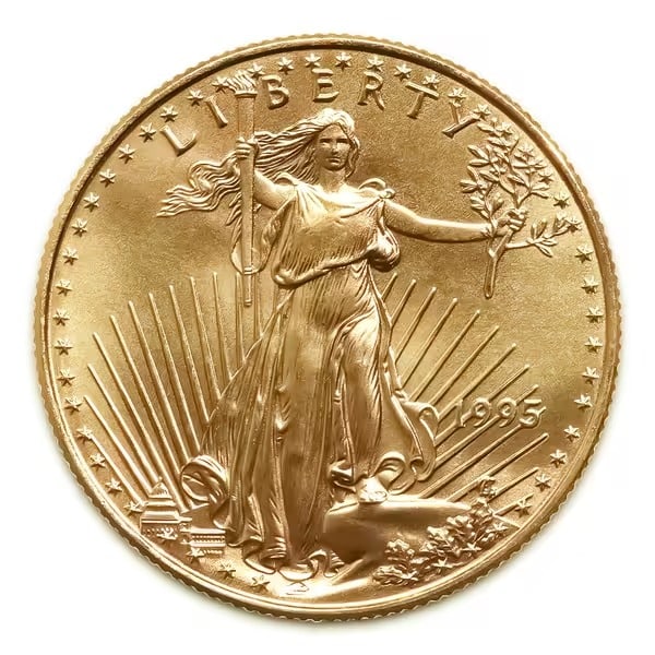 1995 American Gold Eagle 1/10 oz Uncirculated: 1995 American Gold Eagle 1/10 oz Uncirculated - iconic Lady Liberty obverse and protective bald eagles reverse in .9999 gold, U.S. government-backed. A premier choice for collectors and investors seek
