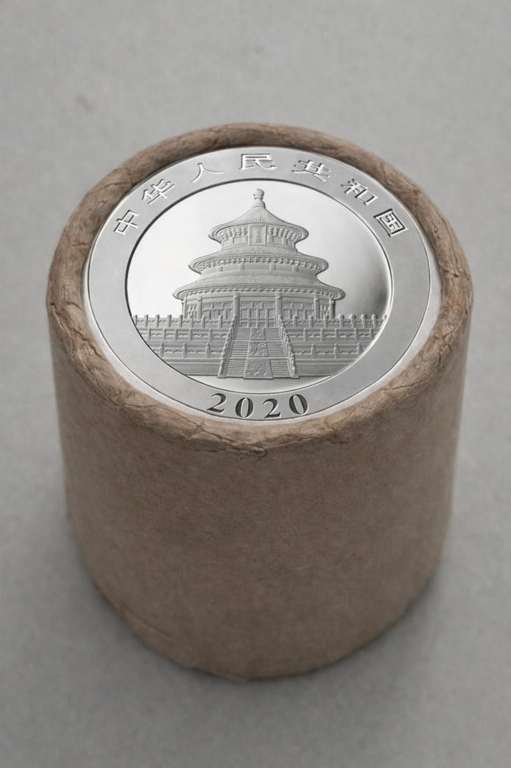 $20 2023 & 2020 End Chinese Silver Panda roll: This original Brilliant Uncirculated (BU) sealed roll contains 20 Chinese Silver Panda coins, each struck in 30 grams of .999 fine silver. The roll features a 2023 coin on one end and a 2020 coin on t