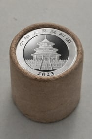 $10 2023 & 2022 End Chinese Silver Panda roll: This original Brilliant Uncirculated (BU) sealed roll contains 10 Chinese Silver Panda coins, each struck in 30 grams of .999 fine silver. The roll features a 2023 coin on one end and a 2022 coin on t