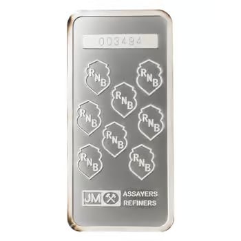 10 oz Johnson Matthey JM Republic National Bank Silver Vintage Bar: The 10 oz Johnson Matthey Republic National Bank Silver Bar is a sought-after vintage issue. Struck in fine silver by Johnson Matthey, it carries historic refinery prestige. Its classic stamped design