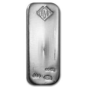 Johnson Matthey Silver Bar 100 oz: This 100 oz Johnson Matthey Silver Bar is struck in .999 fine silver and bears the renowned Johnson Matthey hallmark with clearly stamped weight and purity markings. A widely recognized refinery issue