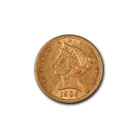 $5 Gold Liberty 1906-S XF: This $5 Gold Liberty 1906-S is a striking example of early 20th-century American coinage, now preserved in Brilliant Uncirculated (BU) condition. Struck at the historic San Francisco Mint, this coin r