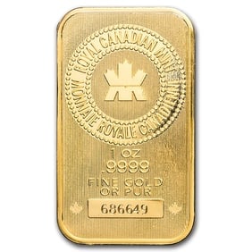 1 oz Gold Bar - Royal Canadian Mint New Design (In Assay): 1 oz Gold Bar - Royal Canadian Mint New Design (In Assay) contains 1 troy ounce of .9999 fine gold. Each bar is presented in a sealed protective assay package, with multiples of 25 typically shipped i