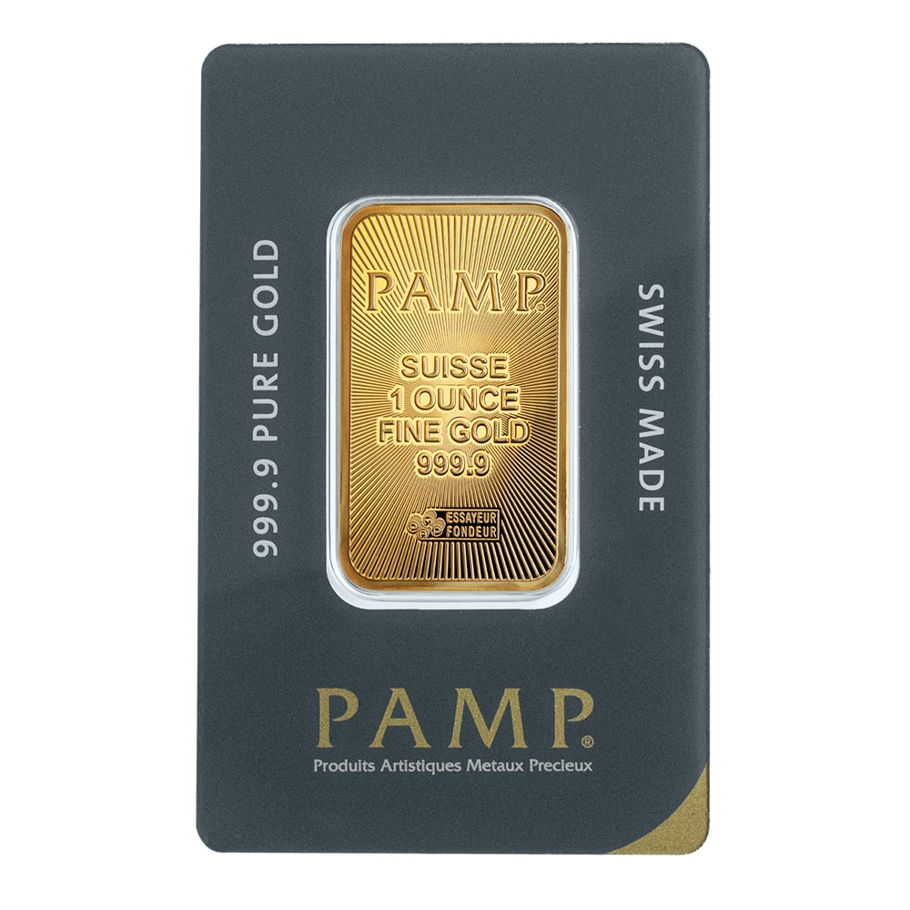 PAMP Suisse 999.9 Pure 1oz Gold Bar NEW: Produced by the world-renowned PAMP Suisse refinery, this 1 Troy Ounce .9999 fine gold bar features exceptional Swiss craftsmanship and investment-grade purity. Each bar is brand new and comes sealed 