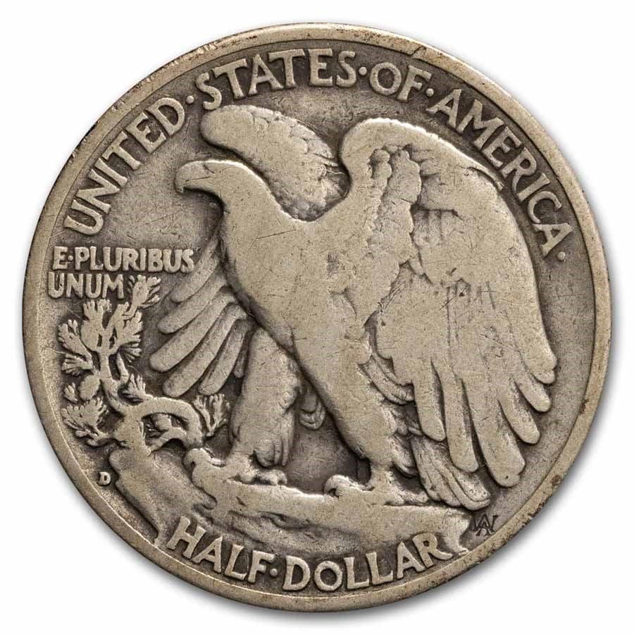Walking Liberty Half Dollar 1938-D G-VG: The 1938-D Walking Liberty Half Dollar in Good to Very Good condition represents the final Denver Mint issue of the series. A 90% silver semi-key date with steady collector interest