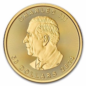 2024 Canada 1 oz Gold Maple Leaf BU: 2024 Canada 1 oz Gold Maple Leaf BU struck in .9999 fine gold, marking the new royal era with the first-year effigy of King Charles III. Features radial line security and a micro-engraved “24”