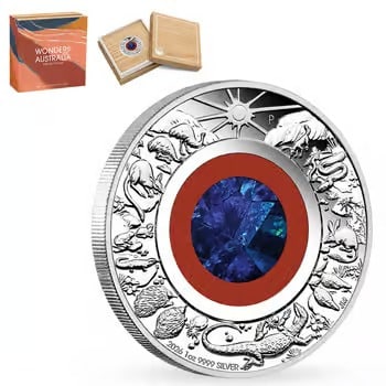 2026 1 oz Proof Silver Wonders of Australia The Outback Opal Coin Perth Mint: This 2026 1 oz Proof Silver Wonders of Australia: The Outback Opal Coin is struck from 1 troy ounce of .9999 fine silver by the Perth Mint. Featuring a stunning opal insert, the design highlights the 