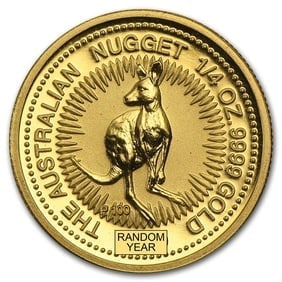 Australia 1/4 oz Gold Kangaroo/Nugget BU (Random Year): Australia 1/4 oz Gold Kangaroo/Nugget BU Coin (Random Year) - 1/4 oz .9999 fine gold, Brilliant Uncirculated in protective packaging, sovereign bullion from the Perth Mint.