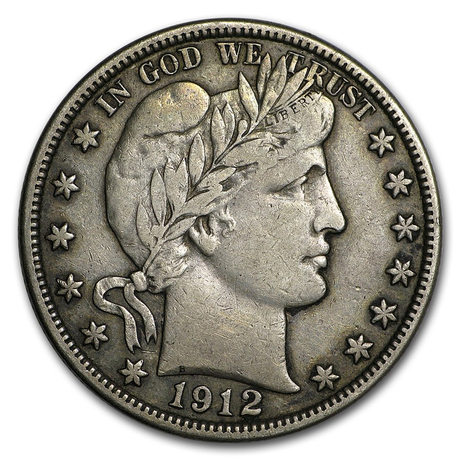 Barber Half Dollar Very Fine 1912: The 1912 Barber Half Dollar in Very Fine condition exhibits sharp definition and pleasing surfaces. Struck in 90% silver, this early 20th-century classic remains popular among collectors.